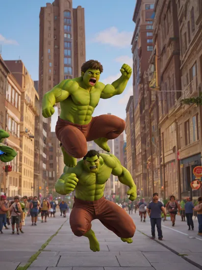Hulk, solo,  parkour, parkour, motion blur, hulk, photorealistic full-body shot, leaping through the air, streets, day, dynamic composition, dramatic lighting, intricate details, masterpiece, absurdres, best quality, realistic, Highest Quality, (diffused soft light), dramatic lighting, highly detailed photo, 