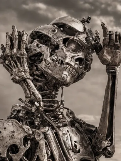 a beautiful woman terminator, skeletal, hands crossed in front, soft lighting, chrome metal, ragged clothing, portrait, an indistinct apocalyptic landscape behind, upscaled, retouched, high quality photo,<hypernet:terminatorSD512:0.4>