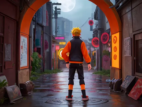 Neon noir, Naruto Uzumaki posing, facing away from viewer, orange jacket, summoning jutsu, chakra, Moonlight, Cyberpunk, dark, rainy streets, neon signs, high contrast, low light, vibrant, highly detailed