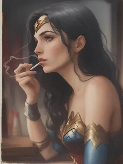 Cinematic film still. Wonder Woman as a femme fatale,  smoking a cigarette at a cafe. cinema noir,  , watercolor, 
Negative prompt: Anime,  cartoon,  graphic,  text,  painting,  crayon,  graphite,  abstract,  glitch,  deformed,  mutated,  ugly,  disfigured
Steps: 30, Sampler: DPM++ 2M SDE Karras, CFG scale: 7.0, Seed: 2024922659, Size: 832x1216, Model: starlightAnimated_v3-5