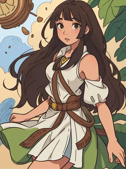 (masterpiece, best quality:1.15), 1girl, solo, (nakoma:1.1), from disney's pocahontas, green and brown, blunt bangs, medium breasts, black hair, tan skin, dress, brown eyes
