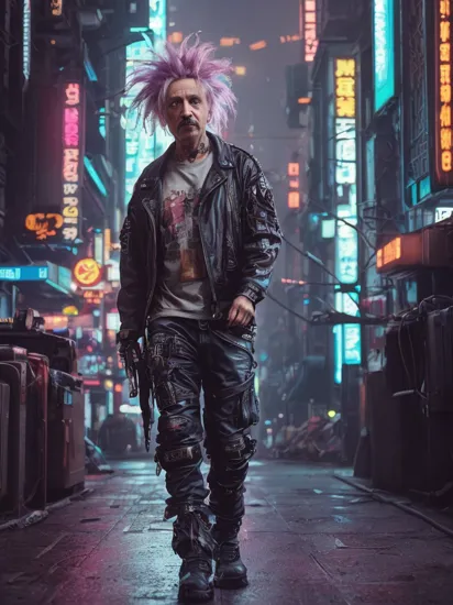 cinematic photo Albert Einstein, (reimagined in a cyberpunk universe), (cyberpunk style), (cyberpunk), (cyberpunk outfit), (punk hair), (augmentation), cybernetics, glowing neon lights, cinematic scene, hero view, action pose, beautiful 8k, detailed background, masterpiece, best quality, high quality, absurdres, vivid.. 35mm photograph, film, bokeh, professional, 4k, highly detailed