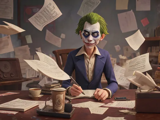 a haunted moody photo of Joker sitting at the table surrounded by documents piles,  [messy office table with pc and giant towering piles documents,cup of coffee on the table],[faded color palette],lots of (floating shredded papers and dust in the air), floating particles vfx, dreamy depth of field bokeh
