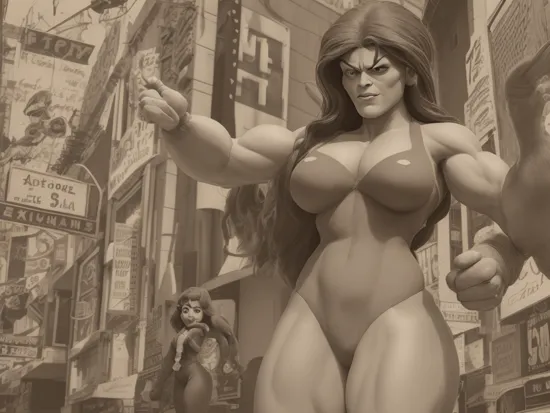 medium full shot of Anthroid She-Hulk flexing her muscles on Hollywood blvd   in a felt puppet world style, directed by Chlo Zhao Sepia-toned, nostalgia, antique, soft edges, vignette, grainy texture, silent film era, intertitles