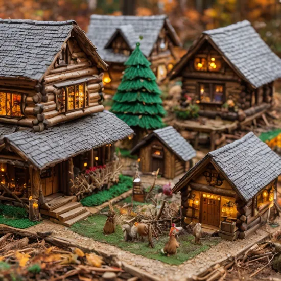 sprawling miniature village of cabins made of twigs nestled beneath Eastern Hemlock trees populated with tiny rodent people dressed in medieval attire, autumn, Fall holiday decorations, extremely detailed, masterpiece, macro photography, tilt shifted, best quality,