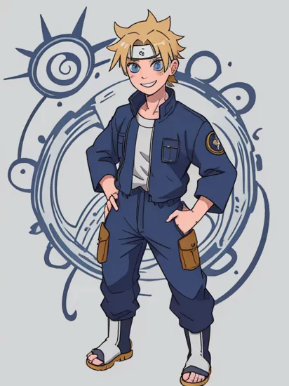 masterpiece, best quality, 1boy, uzumaki naruto, blonde hair,  spiked hair, blue eyes,  whisker markings, facial mark,  forehead protector, , konohagakure symbol, jumpsuit, toeless footwear, full body, hands on hips, looking at viewer, smile, solo, standing, simple background <lora:Naruto:1>