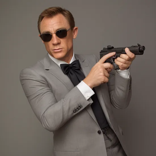 surreal of a rabbit as (james bond) with sunglasses, pose holding a gun
