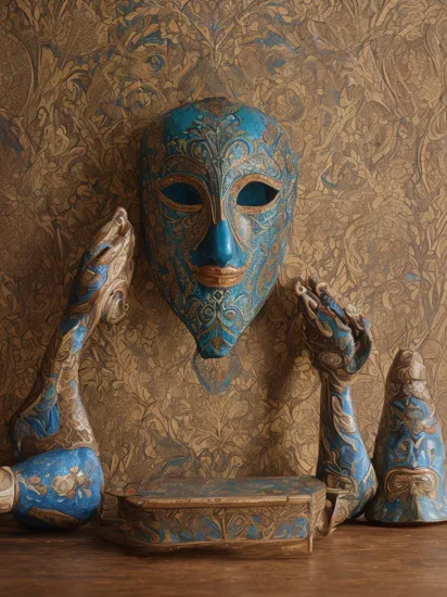 (Elaborately enameled and hand painted Mask made of [wood | stone | clay | metal | glass] on table)(50 years to create)(hand made treasure)(deeper esoteric metaphysical meaning)(Architectural Digest photo spotlight)(metaphorical analysis in wallpaper behind mask)
 epiC35mm
  
 


  Dramatic lighting
 