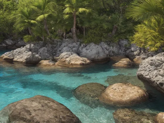 oasis, transparent blue water, calm, palms, rocks, nature,wide composition, 21:9, dynamic, great perspective, film grain, motion blur, cinematic, masterpiece, high quality, highres, absurdres, editorial, official art, artstation, dramatic, great composition, matte painting, hyperreal, (photorealistic:1.4), (RAW image, 8k high resolution:1.2), (sharp focus:1.2), detailed, ultra-detailed, intricate, subsurface scattering, ray tracing, (volumetric lighting), Landscape Photography,  