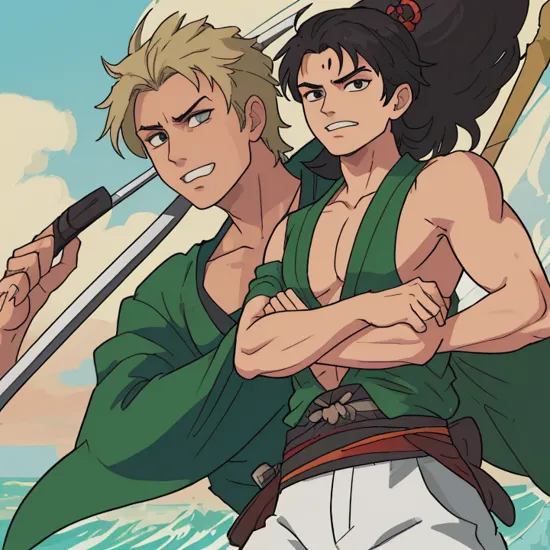 (masterpiece,highres,best quality),solo, male focus, 1boy, roronoa zoro, scar, muscular male, grin, looking at viewer,BREAK (dual wielding:1.2) katanas,crossed arms, japanese clothes, green kimono, BREAK ship,ocean 