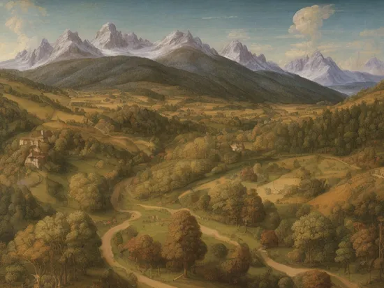 a painting by Leonardo Da Vinci showing (((mesmerising beautiful world))), lush gardens covering the earth, sunny sky, snowy mountains, hope, joy, 4k, extreme details, intricate details, (highest quality, HD, ultra hd)