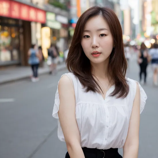 Portrait photography:2.3 of white korean ethnicity 30 year old woman on city street, young, beautiful, high key (waist portrait:.5)