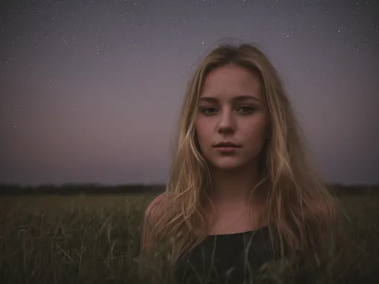 dreamy close-up underexposed (portrait photography:1.3) of a young blonde woman in a field (at night:1.2), silhouette, (dark,:1.2) moody, hazy, at night, , (cinematic lighting:1.2) starry sky, nebulae, aurora borealis, noisy