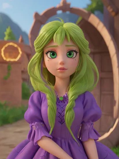 (rapunzel:1), (portrait:1.2), (3d character), (purple princess dress:1.5), (long hair, blonde hair, green eyes:1), (loose hair:1.5),  ((green eyes)), (dress:1), (long dress),  cartoony facial features, large round eyes, blonde hair, (realistic:1.2),  (masterpiece:1.2), (full-body-shot:1),(Cowboy-shot:1.2), green grass, dandelions,  light particles, magical background, neon lighting, dark romantic lighting, (highly detailed:1.2),(detailed face:1.2), (gradients), colorful, detailed eyes, (detailed landscape:1.2), (natural lighting:1.2),(detailed background),detailed landscape, (dynamic pose:1.2), close shot, solo,     