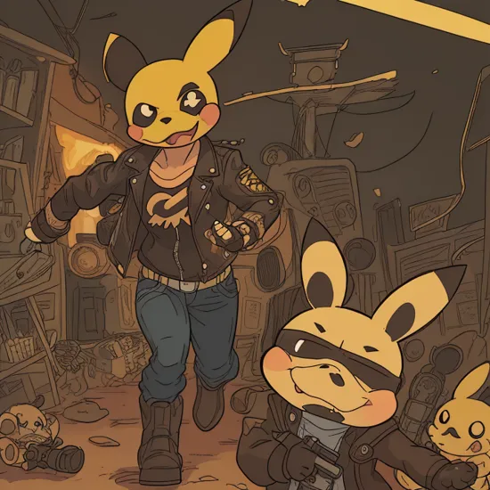 Highly detailed photo action shot of Bad ass wearing leather jacket anthropomorphic Pikachu holding a shotgun running inside of a burning sci-fi lab surrounded by a group of Android anthropomorphic (Mickey mouse zombies:1.05). Dramatic cinematic lighting. cyborg style. dramatic cinematic lighting. 64K,UHD, EOS-1D X Mark III photography.
