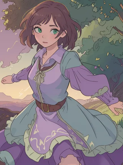 (RapunzelWaifu:1), tangled,  (Purple dress:1), (short hair, brown hair, green eyes:1), ((green eyes)), (purple dress:1), short hair, messy hair, (long princess dress), cartoony facial features, large round eyes, brown hair, (realistic:1.2),  (masterpiece:1.2), (full-body-shot:1),(Cowboy-shot:1.2), light particles, magical forest background, neon lighting, dark romantic lighting, (highly detailed:1.2),(detailed face:1.2), (gradients), colorful, detailed eyes, (one person), (detailed landscape:1.2), (natural lighting:1.2),(detailed background),detailed landscape, (dynamic pose:1.2), wide shot, solo,     