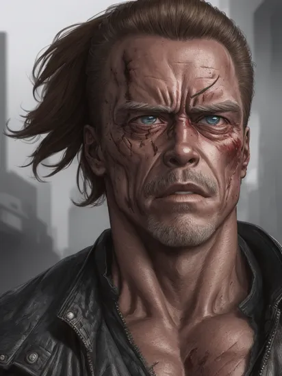 The portrait of the Terminator, played by Arnold Schwarzenegger, is a futuristic cyberpunk manga style art with a threatening overall appearance, wearing unique high-tech metal style armor, short hair, blood stains on the face, highly detailed, 8k resolution, and focused