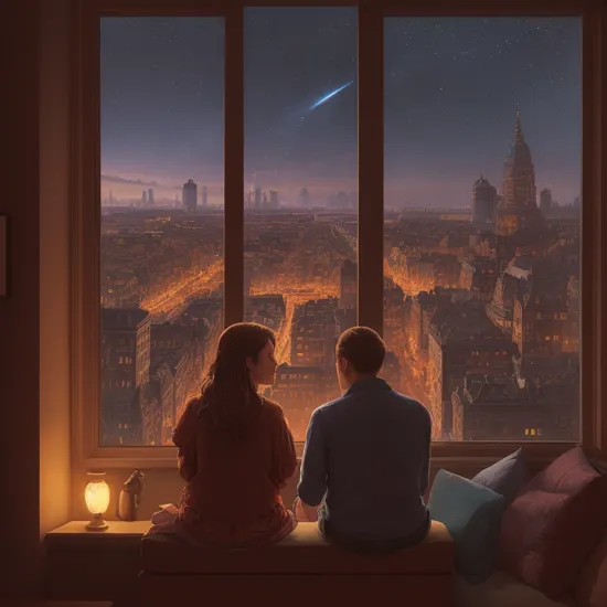 a man and woman sit on a couch and stare through the window to the city, extremely detailed painting, beautiful glowing, centered, symmetry, painted, intricate, volumetric lighting, beautiful, sharp focus, ultra detailed, in the style of dan mumford and marc simonetti, astrophotography