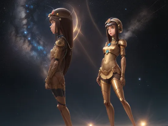 Pixar style,MG_ip,1girl,Cosplay Cleopatra,(full body:2),solo,helmet,profile,brown hair,science fiction,from side,upper body,brown eyes,short hair,machine,mechanical antenna,mecha,cable,background starry sky,the earth,planet,  , MG_ip