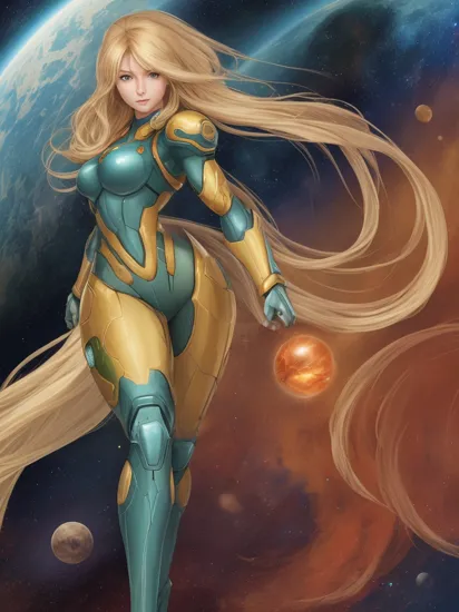 samus aran face, very long blond hair, walking with metroid suit, space background