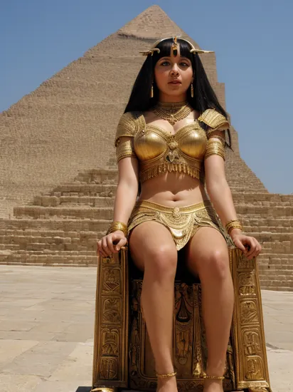 Cleopatra on a throne in front of a pyramid 