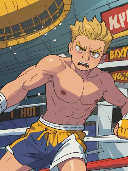 (best quality, high quality:1.2),
1boy,solo,bart simpson,
boxer,boxing gloves,boxing shorts,topless,(angry:1.2),narrowed eyes,stadium,(boxing ring:1.3),
,