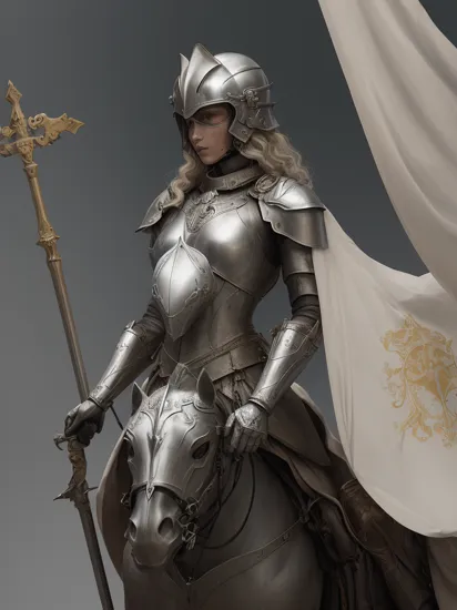 an awarded profesional photo of Joan of Arc: Dressed in shining silver armor, Joan appears almost ethereal as she leads her troops into battle. Her short, golden curls peek out from under her helmet, lending a touch of femininity to her otherwise formidable appearance. Her eyes, bright and unwavering, reflect her unwavering faith in her divine mission. She carries a white and gold banner, symbolizing her spiritual guidance and the purity of her cause., ultradetailed, intricated face,(face details:1.1),perfect eyes, ideal body posture,perfect body proportions, by jeremy mann, by sandra chevrier, by maciej kuciara,(masterpiece:1.2),(ultradetailed:1.1), ultrasharp, (perfect, body:1.1),(realistic:1.3),(real shadow:1.2),3photo Fujifilm XT3, ,(perfect body proportions:1.1)<lyco:GoodHands-beta2:1>, intricated hands,(by Michelangelo),(profesional lights:1.3) (profesional photography:1.3),in Shadowfen Swamps: A foreboding swamp with twisted trees and eerie will-o'-the-wisps that lead unwary travelers astray., cowboy shot (character focus:1.1), depth of field