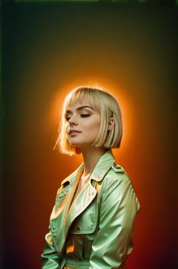 Contemplative female @sylwiaaa, short blond hair, green trench coat, gazing to the side, against an orange haloed backdrop, studio setting, the subject is centrally framed with a close-up shot, highlighted by contrastive green and orange gel lighting that casts a dramatic mood, shadows softening features, no secondary objects or characters present, focusing on the model's expression and the bold color play.
