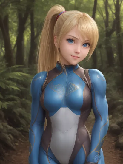 1girl, solo, samus aran, (highly detailed eyes), detailed face, ((round pupils)), intricate details, (blue eyes), (blonde hair), ponytail, looking at viewer, smile, happy, ((portrait)), (((upper body))), (((zero suit))), ((cartoon)), soft lighting, forest, sun, ((muscular female)), ((thick arms)), arms behind back, wassnonam-12800