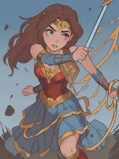 An extremelyy realistic photograph of (koh_daisyridley :1.3) with extremely long wavy messy hair and (excessive makeup:1.5) as sexy (As Wonder Woman from the DC Extended Universe, donning her iconic armor with the red and gold chest plate, blue skirt, and tiara, wielding her Lasso of Truth and sword. She stands on a battlefield, her strength, courage, and compassion inspiring those around her as she fights for justice and peace.:1.3) on a front cover of an (erotic magazine:1.3) , (full height photo:1.6), (full length portrait:1.6), best artwork in the world, detailed face, detailed eyes, detailed clothes,sexy outfit, skimpy outfit,revaling, tight,(hourglass figure:1.2)