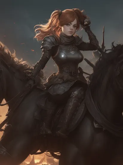(1girl:1.3),
(full height:1.4),
(Emma Stone:1.5),
masterpiece, best quality, high detailed, sexy skimpy outfit,warrior,action,agressive,weapons,dynamic pose, (Riding at the head of an advancing army, a female human Cavalier (photorealistic:1.35) exudes leadership. Her face, featuring (military-grade, simple makeup:1.2), carries an air of stern determination. She rides a heavily armored warhorse, and carries a lance radiating with magic. The marching army, the sprawling battlefield, and the Cavalier's commanding presence capture the essence of warfare:1.5),
(in the style ofJames Gurney:1.3),As female Joker from Persona 5, donning the stylish black and red Phantom Thief outfit, mask, and wielding a dagger, set against a vibrant cityscape or otherworldly palace, vivid colors, high-resolution, 8k quality, detailed environment, true to the Persona 5 series, captivating and stylized illustration.,A pair of small silver hoops in her ears that glint when she tilts her head, adding a playful touch to her overall look.,A short, choppy bob with plenty of texture and layers, styled in a sexy and edgy look that highlights the cheekbones and jawline.,
 epic fantasy character art, concept art, fantasy art, a character portrait, fantasy art, vibrant high contrast, trending on ArtStation, dramatic lighting, ambient occlusion, volumetric lighting, emotional, Deviant-art, hyper detailed illustration, 8k, gorgeous lighting,,vamptech,vampiric