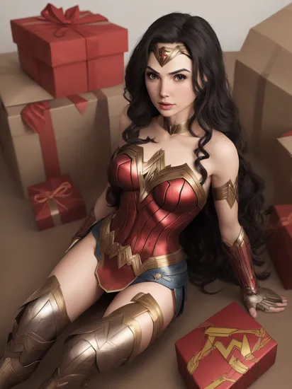 no humans, inboxDollPlaySetQuiron style, , Wonder Woman (Gal Gadot): Inspired by Gal Gadot's portrayal of Wonder Woman in the DC Extended Universe, this cosplay captures the modern and empowering version of the superhero., gift box, playset, in a box, full body, toy playset pack, in a gift box, premium playset toy box, 