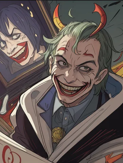 the joker as a hannya and  batman laughing  ,  masterpiece , in the club ,comic ,grim atmosphere , dark colors grading,comic