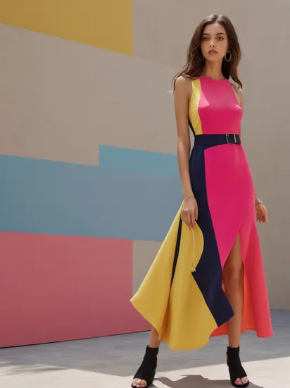 1girl,Bold color-blocked midi dress with oversized architectural silhouette,
msw,effect light
,   