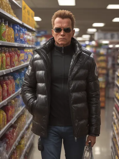 picture of terminator   , at the grocery store,  wearing a (oversized puffer jacket:1.2), 8k uhd, dslr, soft lighting, high quality, film grain, Fujifilm XT3