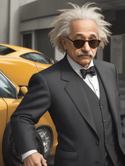 cinematic photo of Albert Einstein in rapper style. Dressed in a flashy suit, sunglasses perched on his nose, holding his Nobel Prize in his mouth like a true boss. Money raining down around him, crisp dollar bills fluttering in the air. A sleek sports car in the background, doors open, ready to ride. Einstein's confident smirk, a swagger in his stance, the embodiment of intellectual cool and unapologetic brilliance. 35mm photograph, film, bokeh, professional, 4k, highly detailed, vibrant, stunningly beautiful, high contrast, ultra-modern