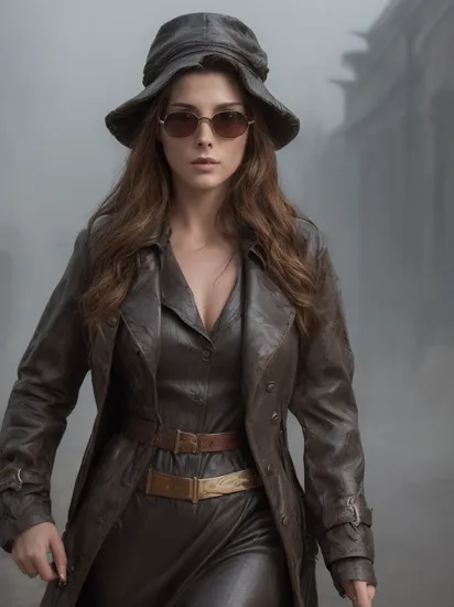A stunning digital painting of (Ashley Greene:1.4),masterpiece, best quality, high detailed, (As female Sherlock Holmes from Sherlock, imagine her in a belted trench coat, adorned with a deerstalker hat and holding a magnifying glass, against the backdrop of foggy London streets. This strikingly realistic painting will capture her keen intellect and idiosyncratic personality, culminating in a timeless, mystery-infused, iconic masterpiece in a brilliantly sharp, incredibly detailed 8K quality.:1.5),(in the style of Luis Royo:1.3),(A pair of bold, retro-inspired sunglasses that shield her eyes from the sun while simultaneously adding a touch of glamour to her overall look.:1.6),A voluminous, layered style with plenty of body and movement, styled in loose waves that frame the face.,epic fantasy character art, concept art, fantasy art, a character portrait, fantasy art, vibrant high contrast,trending on ArtStation, dramatic lighting, ambient occlusion, volumetric lighting, emotional, Deviant-art, hyper detailed illustration, 8k, gorgeous lighting, ,vamptech ,rifle, android,