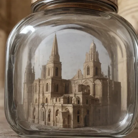 Cathedral of Matera with bell tower inside a square glass jar with lid, placing on the windowsill, extremely detailed, 8K, apocalyptic punk style, miniatures, macro photography in close-up
