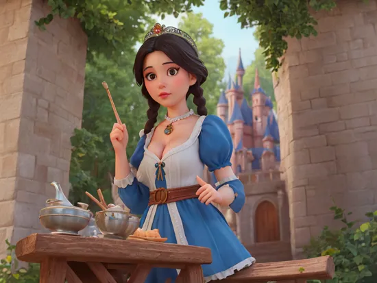 highly detailed photo of princess Snow White , disney style, beautiful face, castle in background, cleavage, looking at viewer, highkey lighting, braids, realistic, serov, surikov, vasnetsov, repin, kramskoi, paint texture, low aperature, insanely detailed, charlie bowater, tom bagshaw, octane rendered, unreal engine, illustration, trending