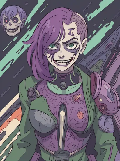 comic (RAW photo, masterpiece, high resolution, extremely complex), mix of The Joker and cyborg , cyborg skull, upper body, purple and green cyborg suit, made of metal, scratchy metal, extremely detailed, sci-fi, blurred background . graphic illustration, comic art, graphic novel art, vibrant, highly detailed