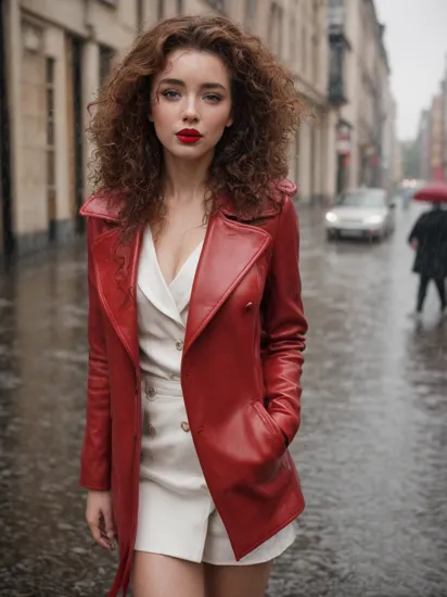 realistic photography of meganv1, natural hair, red lipstick, in a red leather coat, street photography, soaking wet, rain, film grain, Sony A7