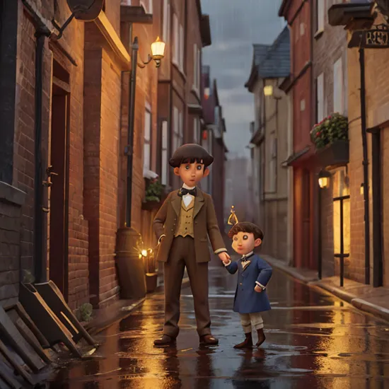 a kid sherlock holmes holding a candle standing in a london alley at night, rain, puddles, victorian england 