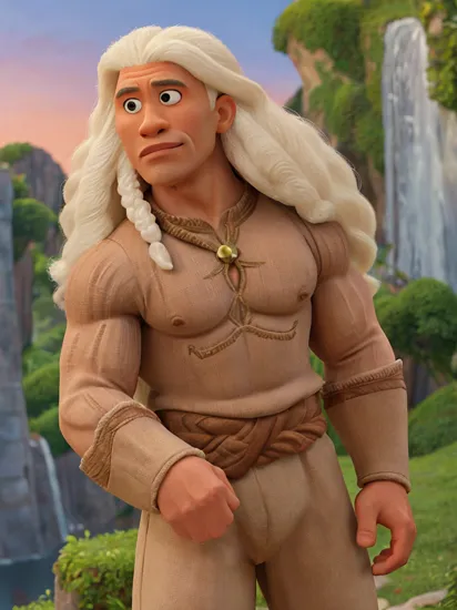 Raw photo of giant dwayne johnson with curly white hair as Rapunzel from Tangled