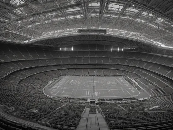 Captured through a 35mm lens in photography, the image portrays an immense sports arena boasting renowned architectural elements. The composition, influenced by Ansel Adams, emphasizes the stadium's elegance amid its surroundings. The monochromatic scheme lends a classic touch. Faces in the crowd show anticipation and thrill. The lighting casts dramatic shadows, creating an intense ambiance
