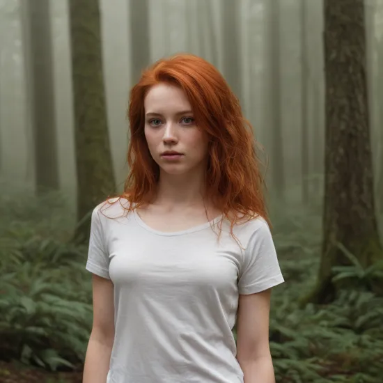 portrait photography of a 25 year old woman,  unmanaged redhead hair, wearing t-shirt, serious look face, (standing in intricate fog forest), crystal clear, beautiful, perfect body, highly detailed skin, professional photography, (8k, RAW photo, best quality, masterpiece), photo-realistic, highly detailed, professional lighting, sharp focus, intricate details, realistic, gorgeous, bokah,   <hypernet:bad-hands-5:0.9>