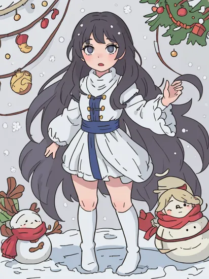 ultra-detailed, masterpiece, best quality, 1girl, manga style, screentones, greyscale, (little girl snow white:1.3), standing next to christmass tree decorated with christmass balls and garlands, christmass tree, presents, hazel, perfect eyes, perfect skin, detailed skin, perfect hands, very long hair, surprised, full body, wearing winter clothes, snowman,