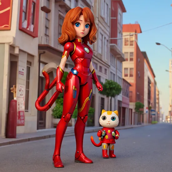 hello_kitty,1girl,blue eyes,iron man,on the street,tail,full body,looking at viewer,solo,,