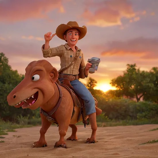 Woody1024, a cowboy riding a trex, farwest, sunset, detailed eyes, highly detailed, photography, ultra sharp, film, bokeh, professional, 4k 