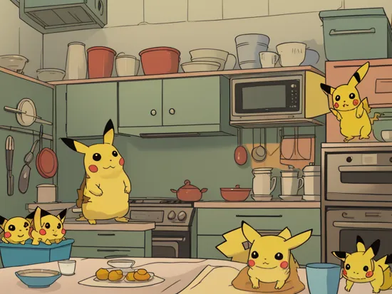 closeup on fluffy pikachu in a kitchen, cinematic, screencap, by william eggleston, high quality
