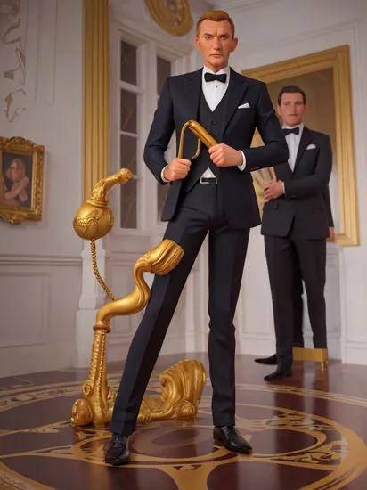 a man james bond holding a golden penis, nsfw, ((sex toy)), erection, penis, smooth skin, gd object, uncensored, , black suit pants, epic photo,  florida mansion background, key visual